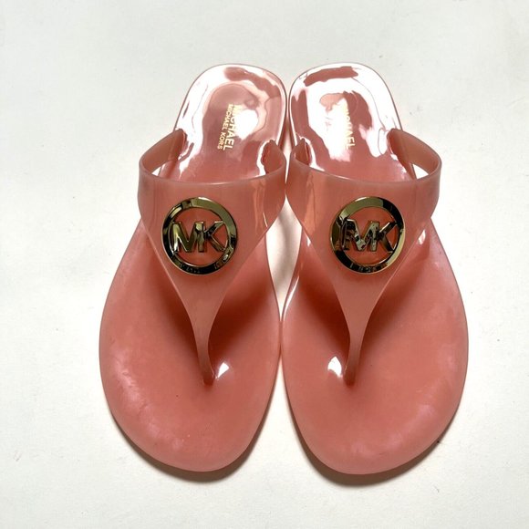 NWOB MICHAEL KORS Logo Thongs Flip-Flop Sandals Slide On Soft Pink Rubber - Picture 4 of 9